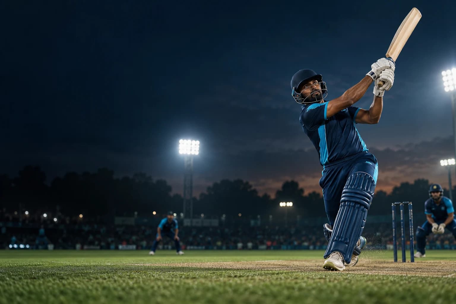 Batter playing a shot on a floodlit cricket ground