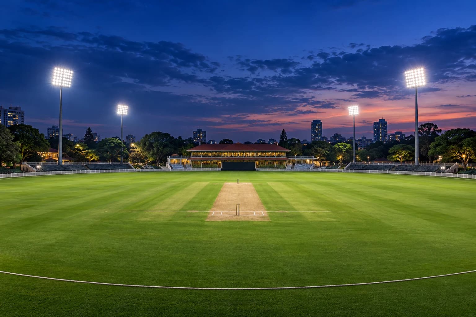 Green cricket ground and pavilion in the evening
