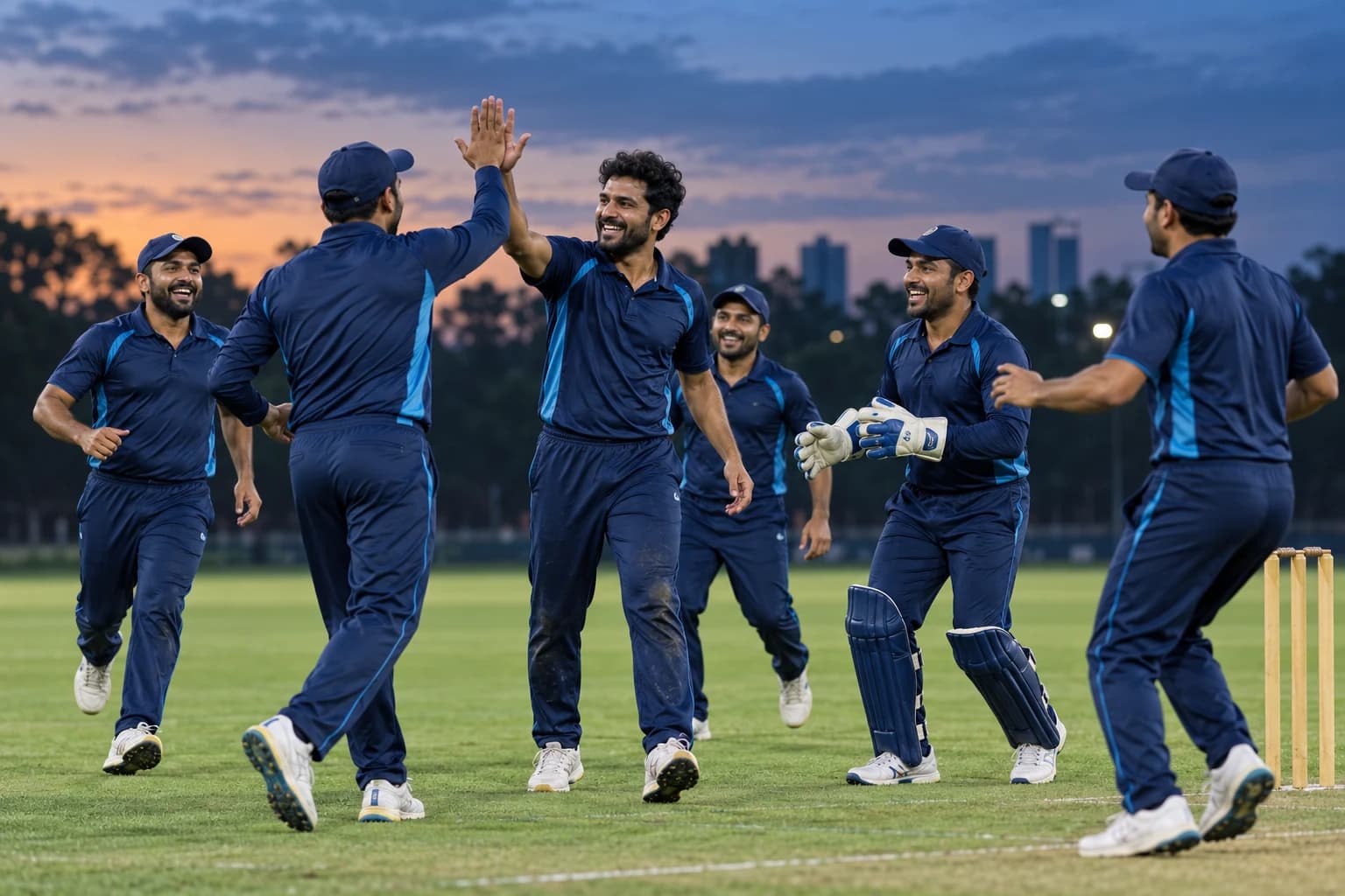 Corporate cricket teammates celebrating together on the field