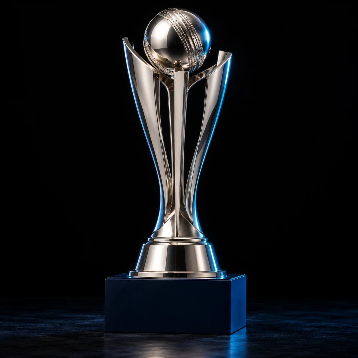 Cricket championship trophy in a dark presentation setting
